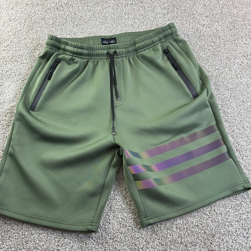 Public Rec Men DK olive track shorts iridescent stripe elastic waist L Athleiure